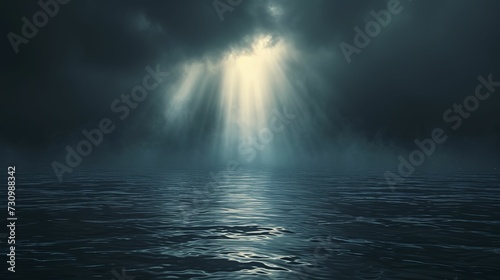 Dark water and a beam of light, in the style of dark sky-blue and light gray, realistic yet stylized, subtle atmospheric perspective, light bronze, and sky © Thanthara