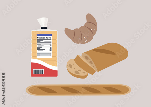 Bakery Delights, a whimsically arranged illustration of freshly sliced bread, a flaky croissant, a long crusty baguette and a package with nutritional facts, all set against a soft pastel backdrop