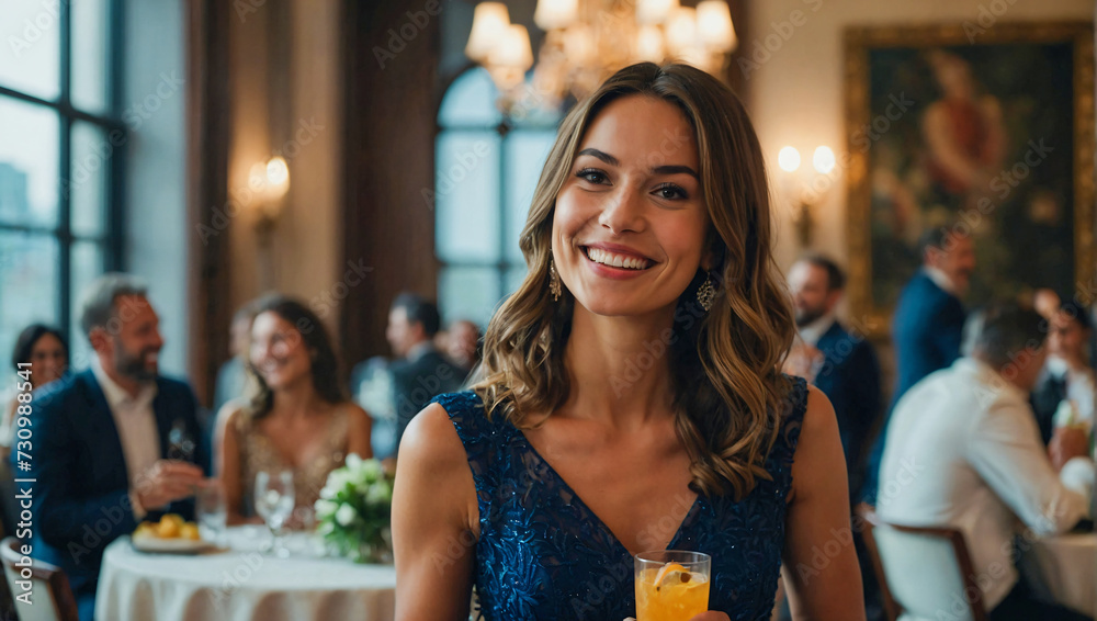 Fototapeta premium beautiful happy smiling woman wearing an elegant dress at a function with a drink in her hand looking at the camera