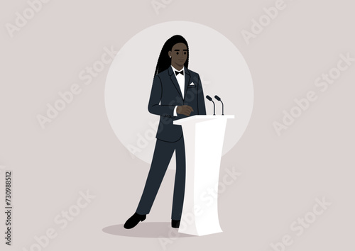 Distinguished Orator Delivering an Eloquent Speech at a Podium, A poised character in a formal suit stands with confidence as they address an unseen audience from behind a modern rostrum