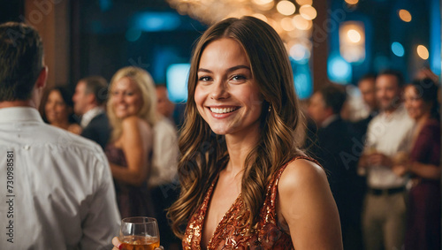 beautiful happy smiling woman wearing an elegant dress at a function with a drink in her hand looking at the camera