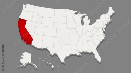 The state of California is highlighted in red on a minimalistic map of the USA in white on dark background. Thin clean lines. Video animation. High quality 4k footage