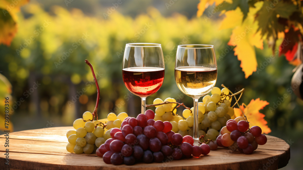 Glasses of red and white wine and ripe grapes.