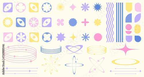 Set of abstract retro futuristic colorful elements and shapes brutalism, Y2K style. Y2K geometric shapes, forms, symbols for template social media, poster, banner, logo, stickers, web