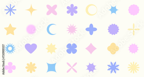Set of abstract retro futuristic colorful elements and shapes brutalism, Y2K style. Y2K geometric shapes, forms, symbols for template social media, poster, banner, logo, stickers, web