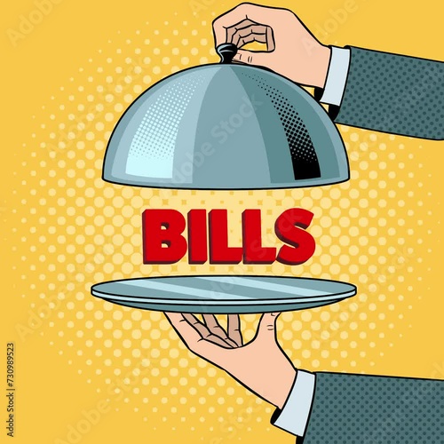 Bills on serving tray plate isolated on yellow background. Square Conceptual Video animation. Hand drawn in a cartoon style. High quality 4k footage
