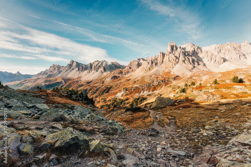 Obraz premium French Alps landscape of rocky Massif Des Cerces with Main De Crepin peak on wilderness in autumn at Hautes Alpes, France
