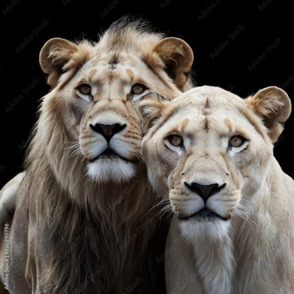 Obraz premium a large lion with a white lioness on a dark background