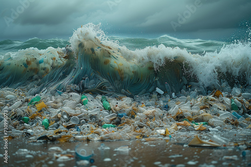 A cresting ocean wave, laden with a myriad of plastic items, crashes onto a litter strewn beach, showcasing the critical state of plastic pollution. photo