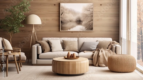Cozy living room with wood wall  stylish sofa  round coffee table  braided pouf  brown sideboard  branch vase  beige lamp  and personal accessories.