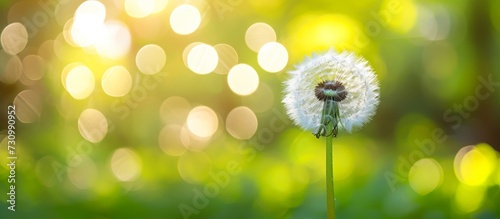 A dandelion, a flower with round, delicate petals, is being carried by the wind in a beautiful meadow surrounded by natural landscape and lush grass.