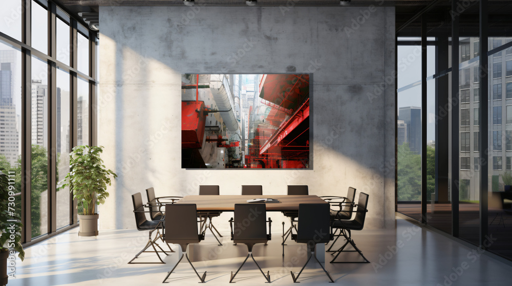 Grey conference room interior with poster.