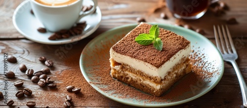 High angle view of fresh Italian tiramisu dessert served on a plate with espresso coffee  perfect for a menu.