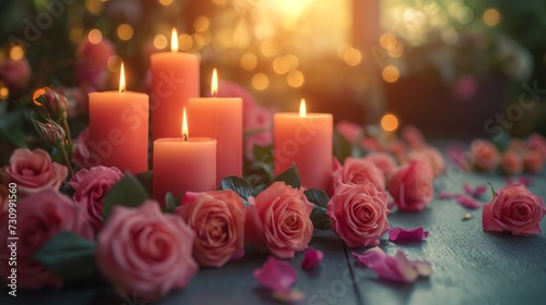 AI-generated illustration of pink roses and candles against a bokeh background. Valentine s Day