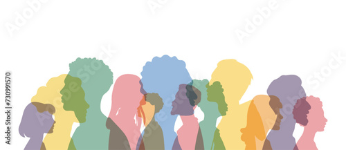 Different people stand side by side together. Group colored silhouette people from the side. Men and women portraits. Community of colleagues or collaborators, inclusive education, co-workers.