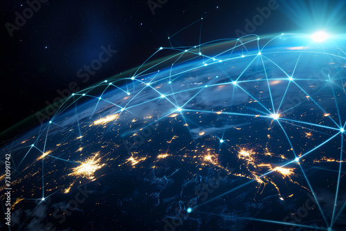 Global satellite communication showing big data being transmitted across the world while using the internet by the use of artificial intelligence, stock illustration image