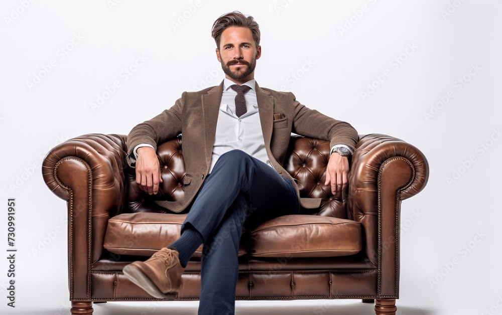 Man Sitting on Top of Brown Leather Chair