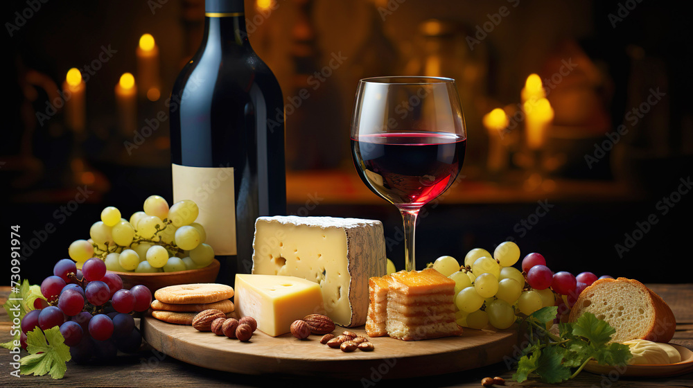 Bottle of wine with wineglass, cheese and grapes with nuts in a vintage setup