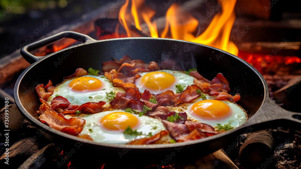 Camping breakfast with a bacon and frying eggs in a cast iron