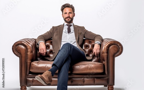 Man Sitting on Top of Brown Leather Chair
