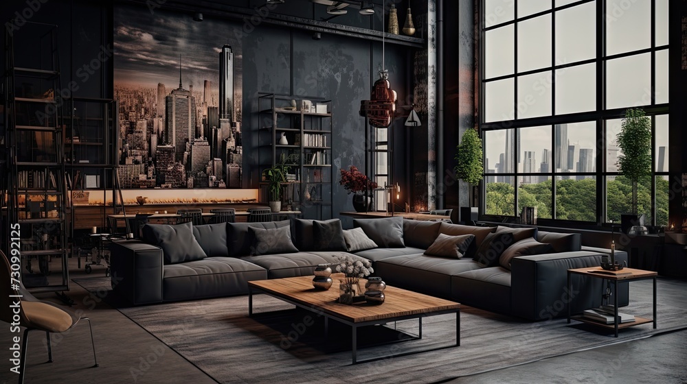dark living room with an industrial style - obrazy, fototapety, plakaty 