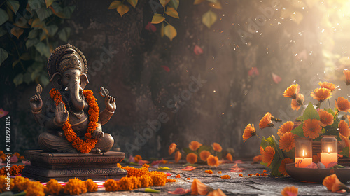 Ancient altar to the god Ganesh in a Hindu temple. Religion and ethnic concept. For Ugadi, Gudi Padwa Hindu New Year celebration. Lifestyle shot for wallpaper, banner, poster photo