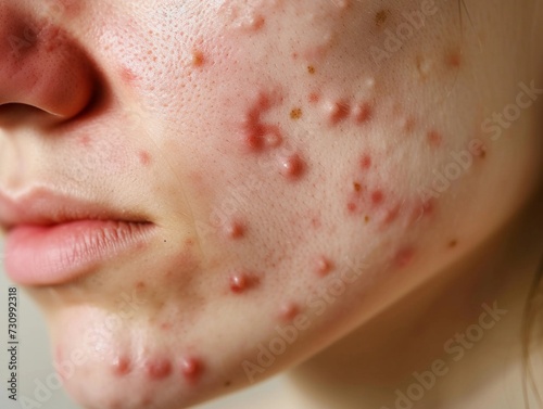 A close-up view of severe acne on the cheek