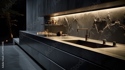 Minimalist night kitchen corner with illuminated light strip, contemporary oven, granite sink, and premium glass, concrete, aluminum, and stainless steel materials.