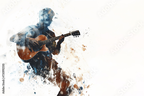 Male guitarist musician playing an acoustic guitar in an abstract music style distressed vintage watercolour painting for a poster or flyer, stock illustration image isolated on a white background  photo