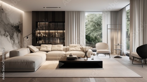 Luxurious, minimalist living space with modern nude colored furniture and striking black accents. © Vusal