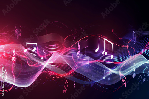 Melody flowing music wave  abstract background showing colourful music notes which are musical notation symbols, stock illustration image  photo