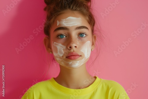 13 year old girl wearing highlighter neon yellow t shirts foam cleanser on face bold pink background, teen skin care