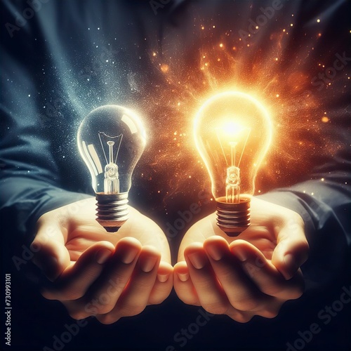 two hands holding light bulbs, one glowing and one not, is a powerful metaphor for the power of knowledge and enlightenment. The glowing light bulb represents knowledge and understanding