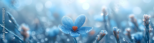 A gentle rain descends upon a field adorned with pretty blue flowers, as a serene blissful breeze softly whispers its way through the air, creating a tranquil and picturesque ultra-wide scene
