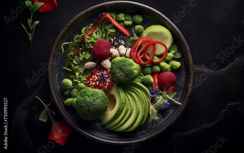 Bowl of Broccoli, Avocado, Strawberries, and Fresh Produce