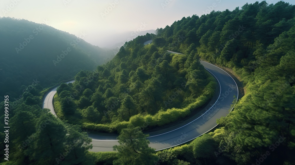 Aerial view of road between green forest and blue lake Aerial view of road between green forest and blue lake