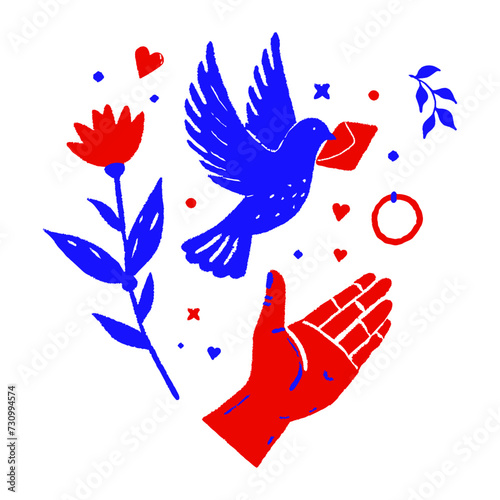 Hand with flying dove with a letter, flower, ring. Hand drawn with texture vector illustration, minimalism.