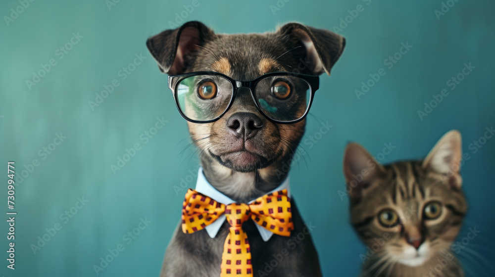 funny dog and cat. animals with glasses look at the camera. animals in a group together looking at the camera. An unusual moment full of fun and fashion consciousness. funny dog and cat. animals with glasses look at the camera. animals in a group together looking at the camera. An unusual moment full of fun and fashion consciousness.