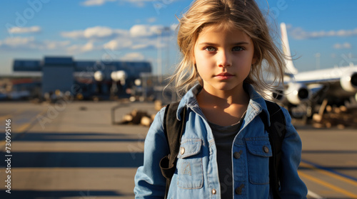 Sweet little girl outdoors with curly hair in the wind urban background