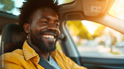 Smiling afro Man driving a Car