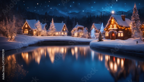 Christmas cottages in the snow decorated with Christmas lights next to reflective water.  Christmas background