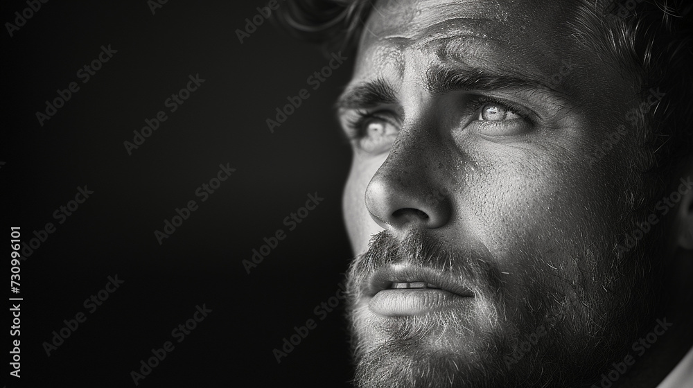 Black and white close-up photo portrait of a beautiful middle aged man with beard and a sensual gaze Black and white close-up photo portrait of a beautiful middle aged man with beard and a sensual gaze