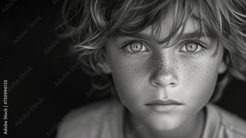 Black and white close-up photo portrait of a beautiful naive little boy with freckles and a sensual gaze Black and white close-up photo portrait of a beautiful naive little boy with freckles and a sensual gaze