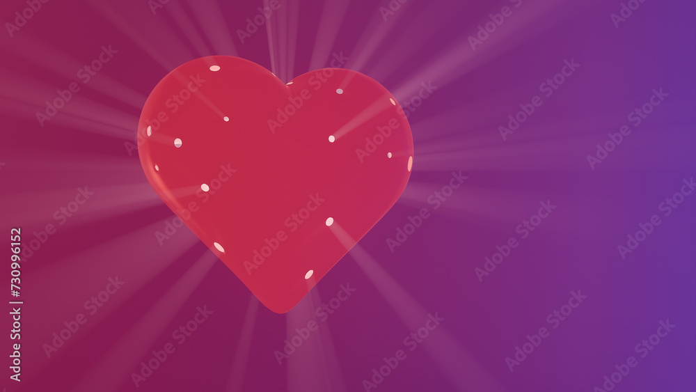 Red heart illuminated from inside and  behind with radiant glow on purple and red gradient background. 3D render.