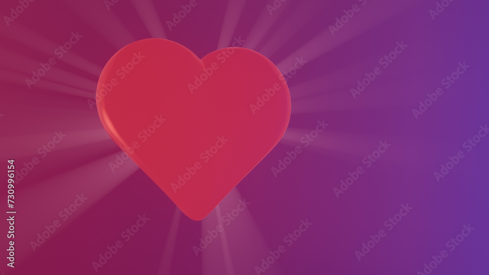 Red heart illuminated from behind with radiant glow on purple and red gradient background. 3D render.