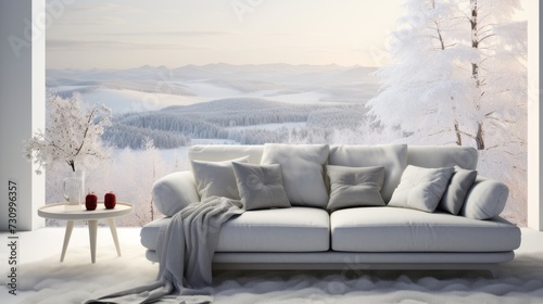 Scandinavian interior design with sofa and winter landscape in a white room. © Vusal