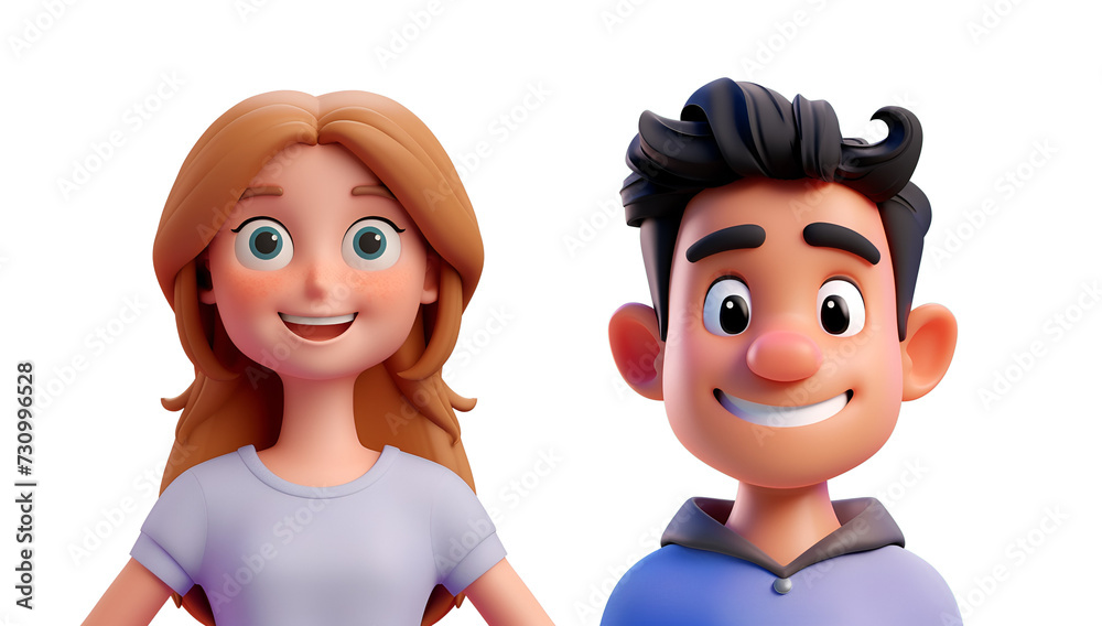 3D Rendered Portrait Set of Simple Cartoon Man and Woman: A Close-Up Character Illustration, Isolated on Transparent Background, PNG