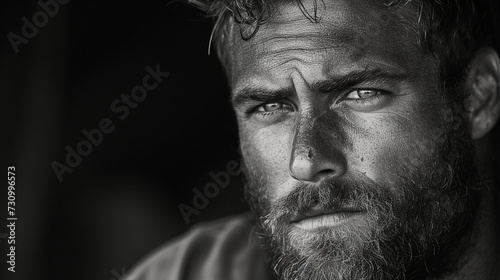 Black and white close-up photo portrait of a beautiful middle aged man with beard and a sensual gaze