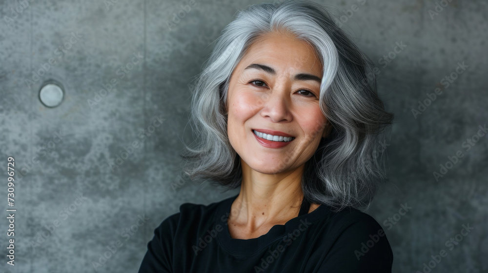Happy smiling stylish confident 50 years old Asian female professional standing looking at camera at gray background. Portrait of sophisticated grey hair woman advertising products. Happy smiling stylish confident 50 years old Asian female professional standing looking at camera at gray background. Portrait of sophisticated grey hair woman advertising products.
