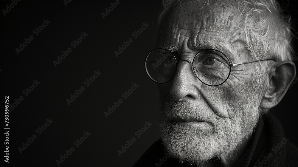 Black and white close-up photo portrait of a sad old man in glasses with gray hair and a serious gaze Black and white close-up photo portrait of a sad old man in glasses with gray hair and a serious gaze
